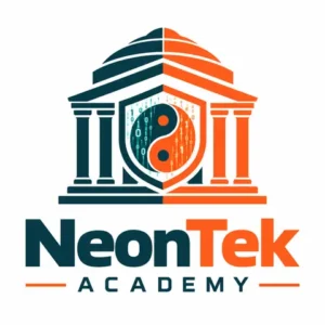 Logo NeonTek Academy: ngôi đền tri thức với tấm khiên âm dương và mã nhị phân, hai màu xanh đậm và cam