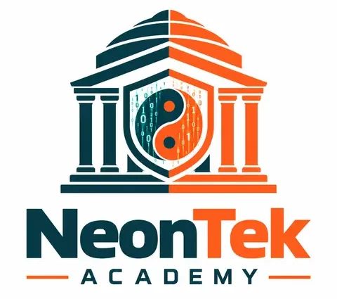 Logo NeonTek Academy: ngôi đền tri thức với tấm khiên âm dương và mã nhị phân, hai màu xanh đậm và cam